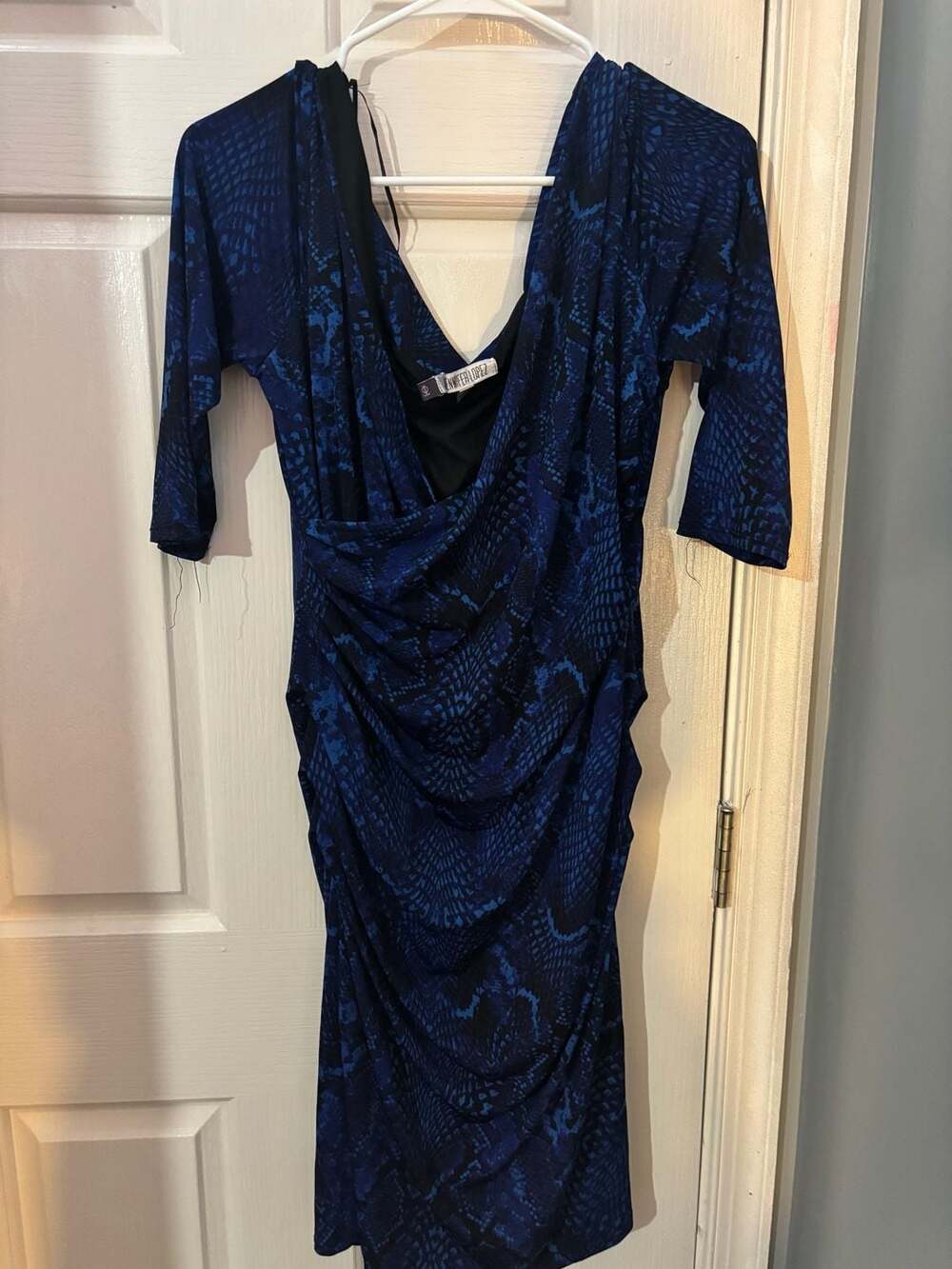 Jennifer Lopez Blue and Black Snake Print Ruched Midi Dress Large